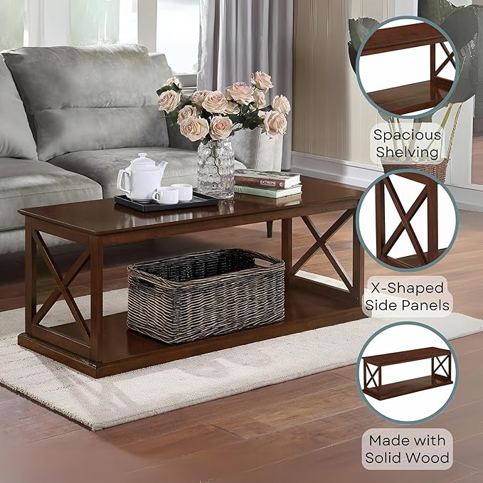 Convenience Concepts Coventry Coffee Table 47" - Farmhouse Center Accent with Storage Shelf for Transitional, Modern Living & Family Room, Espresso
