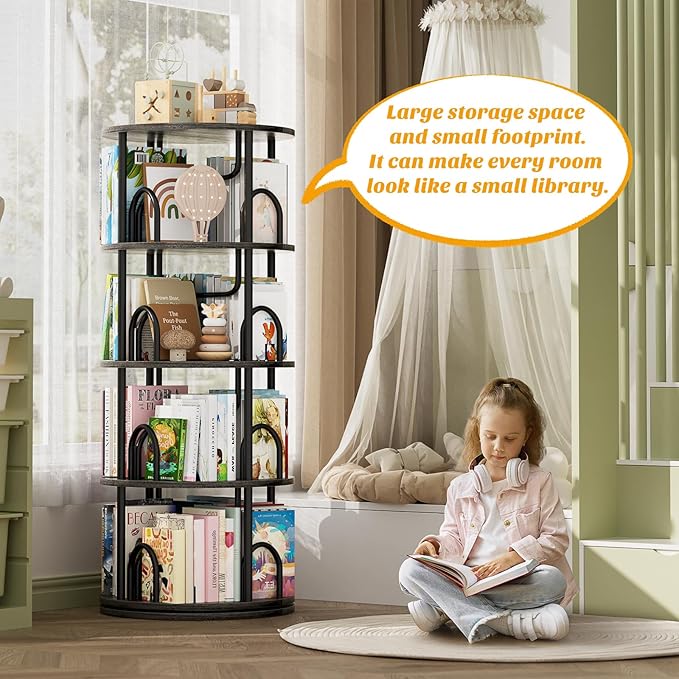 Aheaplus 4 Tier Rotating Bookshelf Tower, 360 Display Spinning Bookcase, Revolving Round Book Shelf Narrow Swivel Bookshelf, Vertical Turning Corner Book Organizer for Small Space, Black Oak