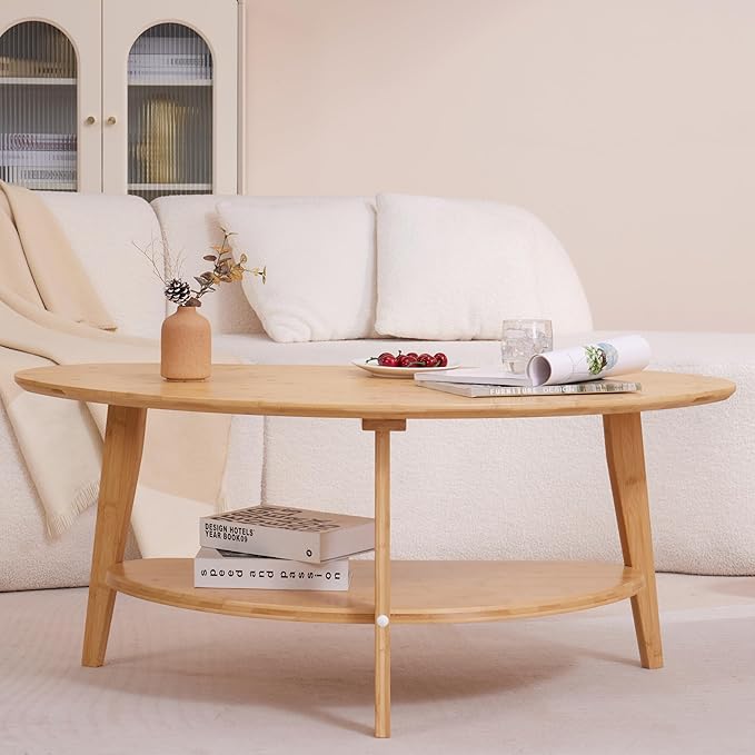 Mid-Century Modern Coffee Table for Living Room, 100% Solid Wood Oval Coffee Table, 2 Tier Wooden Coffee Tables for Home Office Livingroom, 40.2 x 22 Inches Easy Assemble (Natural)