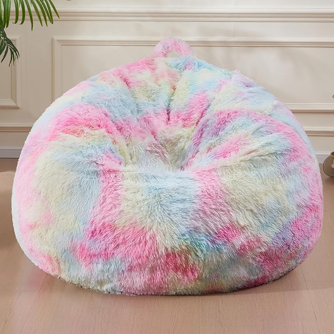 7FT Giant Fur Bean Bag Chair Cover, Ultra Soft Rainbow Bean Bag Chairs for Adults (No Filler, Cover only), Big Round Soft Fluffy Faux Fur Bean Bag Lazy Sofa Bed Cover, Washable Big Size Bean Bag Cover