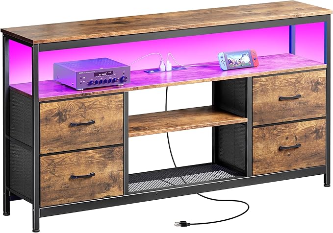 Huuger TV Stand Dresser with Power Outlets and LED Lights, 4 Drawers Entertainment Center with Shelves, 54 Inch Media Console for 55 60 Inch TV, 4 AC Outlets, 2 USBs, Rustic Brown