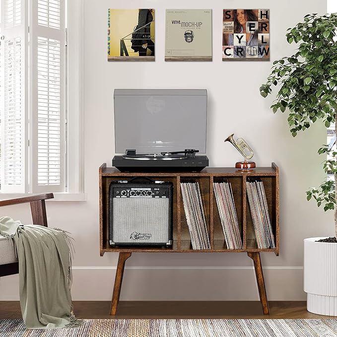 Lerliuo Record Player Stand with 4 Cabinet Holds Up to 220 Albums, Large Turntable Stand with Beech Wood Legs, Mid-Century Record Player Table,Retro Brown Vinyl Holder Storage for Bedroom Living Room