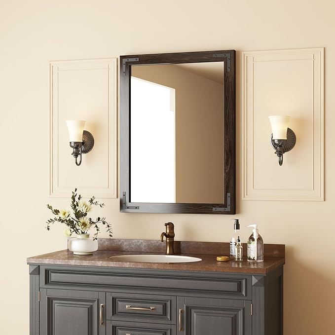 VocalStar Black Wood Framed Mirror 24 x 32 Inch, Rustic Natural Black Wooden Rectangle Bathroom Vanity Wall Mirror for Farmhouse Boho Decor, 1/4-inch Shatterproof Glass | Waterproof