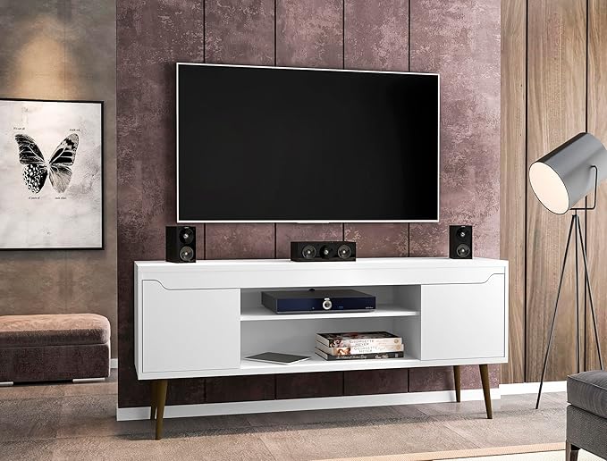 Manhattan Comfort Bradley Mid Century Modern TV Stand for Televisions up to 60 Inches, Living Room Entertainment Center with Storage, Media Shelves and Soft Close Doors, White