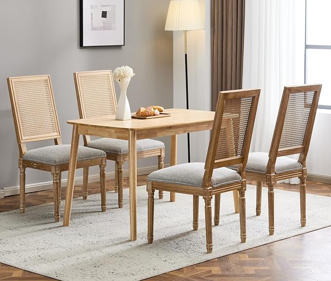 Merax Upholstered Solid Wood Dining Chairs Set of 4, French Country Style Accent Side Seating Furniture for Kitchen, Living Room, Wicker Back, Grayish Green