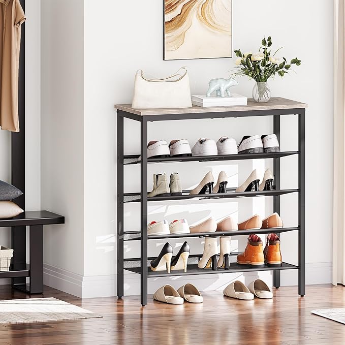 HOOBRO Shoe Rack for Entryway, 5-Tier Shoe Organizer with Adjustable Mesh Shelves, 16-20 Pairs of Shoes, Spacious Floor Mount, Metal, Industrial, Shoe Shelf for Closet, Greige BG12XJ01