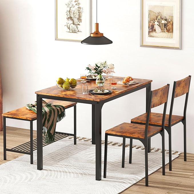 sogesfurniture 4-Piece Dining Table Set with 1 Bench and 2 Chairs, Kitchen Bench Table Set for 4, Wooden Kitchen Table and Chairs for Limited Space,Rustic Brown