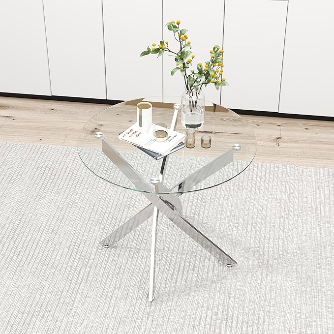 Glass Dining Table Modern Kitchen Table with Silver Metal Legs 32 Inch Small Round Dining Table for Apartment Kitchen Dining Room