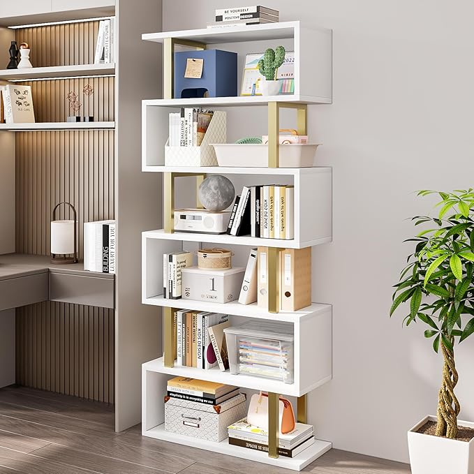 SORCEDAS Bookshelf Geometric Bookcase S Shaped Industrial Bookshelf Storage Display Stand Shelf for Living Room Bedroom and Office Room (White, 6 Tier)