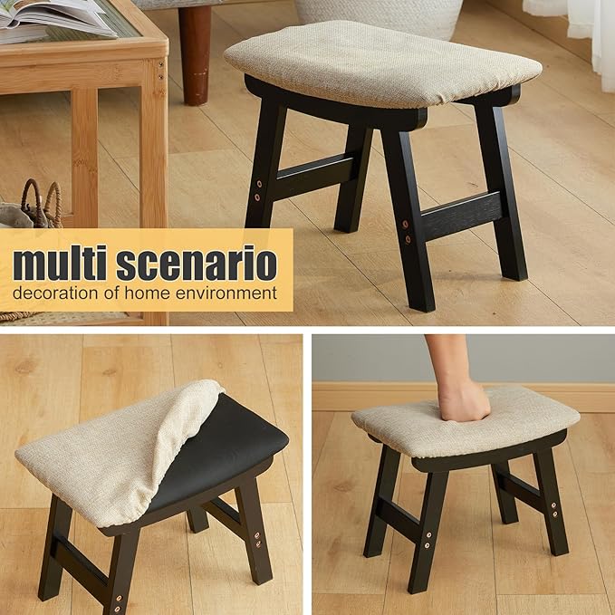 Foot Stool Ottoman Foot Rest Under Desk,Small Stool for Living Room, Bedroom and Kitchen (Black Legs - Beige Stool Surface)