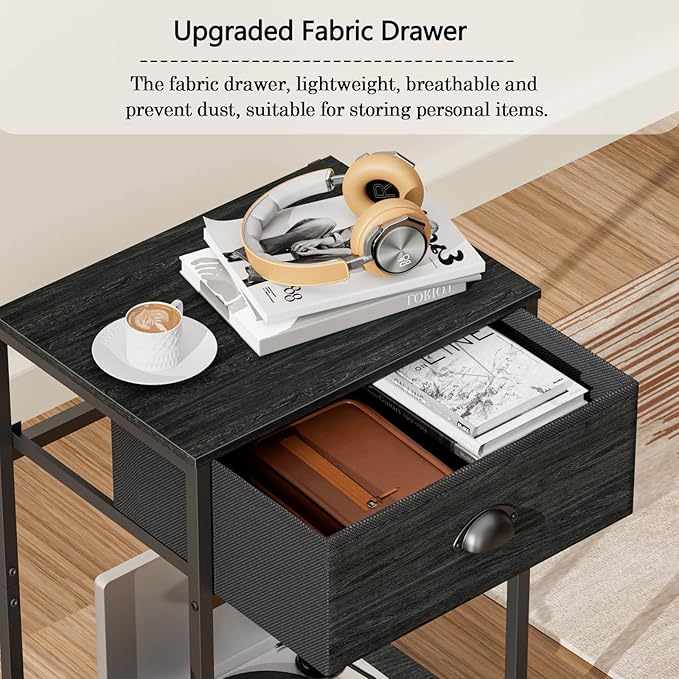 Nightstands Set of 2, Industrial End Table with Fabric Drawer&Storage Shelf, Small Bedside Table Organizer for Small Space for Living Room, Tall 23.6" Night Stand for Bedroom, Black Oak