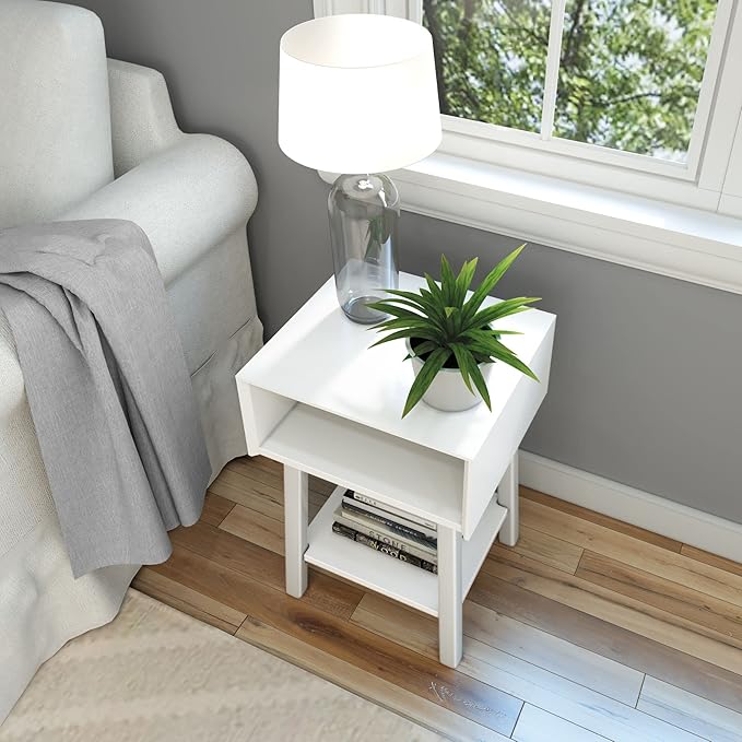 Plank+Beam Wooden Side Table with Cubby Storage Shelf, Mid Century Modern End Tables for Living Room, Small Solid Wood Nightstand, Bedside Tables, Bedroom Furniture, White