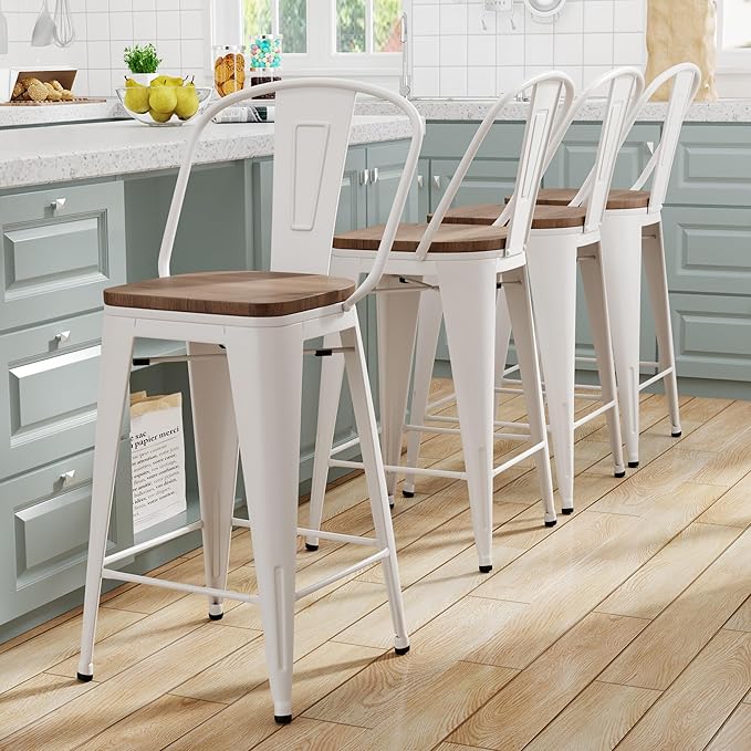 Yongqiang Metal Bar Stools Set of 4 Kitchen Island Counter Height Bar Stools High Back Farmhouse Barstools with Large Wooden Seat 24 inch Cream White