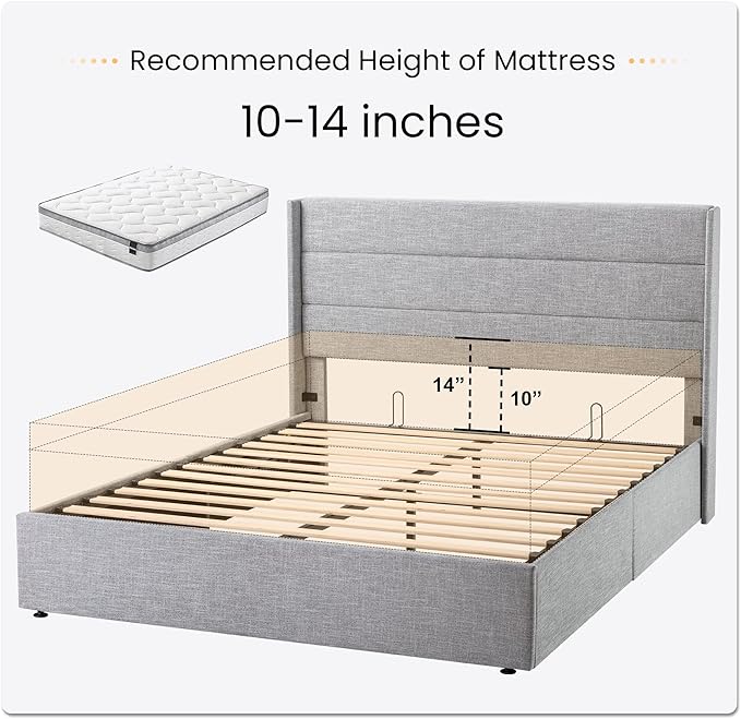 SHA CERLIN Full Size Lift Up Storage Bed/Modern Wingback Headboard/Upholstered Platform Bed Frame/Hydraulic Storage/No Box Spring Needed/Wood Slats Support/Light Grey