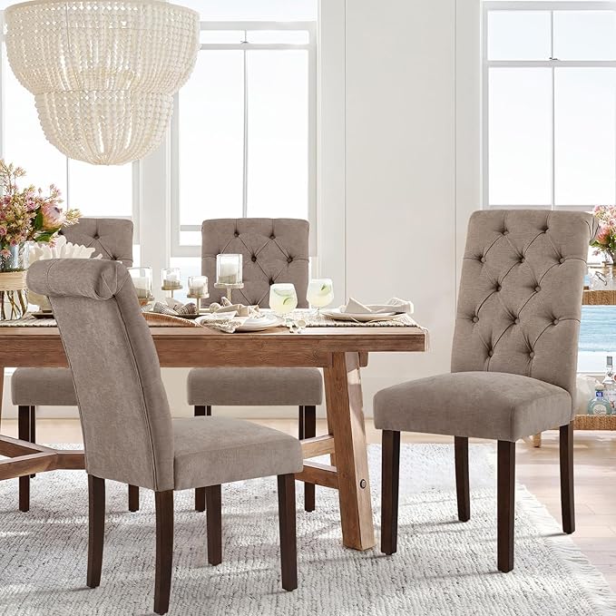 COLAMY Button Tufted Dining Chairs Set of 4, Parsons Upholstered Fabric Dining Room Chairs Kitchen Chairs with Wood Legs and Padded Seat, Taupe