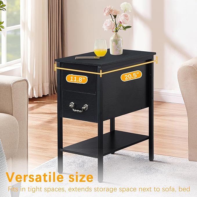 VECELO End Tables,Narrow Nightstand with Drawers and Storage Shelf,Modern Night Stand for Small Spaces, Living Room,Bedroom