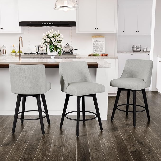 Counter Height Swivel Bar Stools Set of 3, 26 Inch Bar Stools with Footrest, Linen Fabric Upholstered Barstools with Back and Solid Wood Legs for Kitchen Island, Dining Room,Pub,White