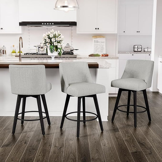 Counter Height Swivel Bar Stools Set of 3, 26 Inch Bar Stools with Footrest, Linen Fabric Upholstered Barstools with Back and Solid Wood Legs for Kitchen Island, Dining Room,Pub,White