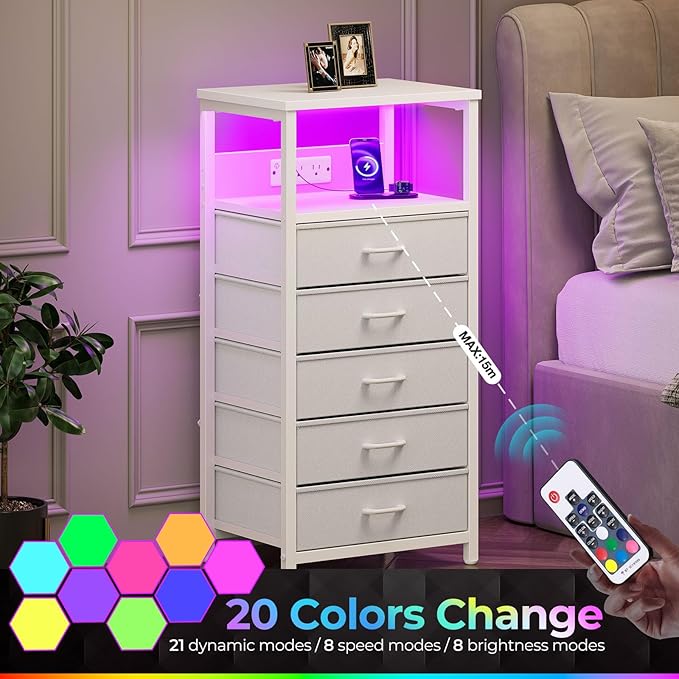 Seventable Night Stand with Charging Station, Tall Nightstand with 5 Fabric Storage Drawers, Side Table with LED Light for Bedroom, Entryway, White, Set of 2