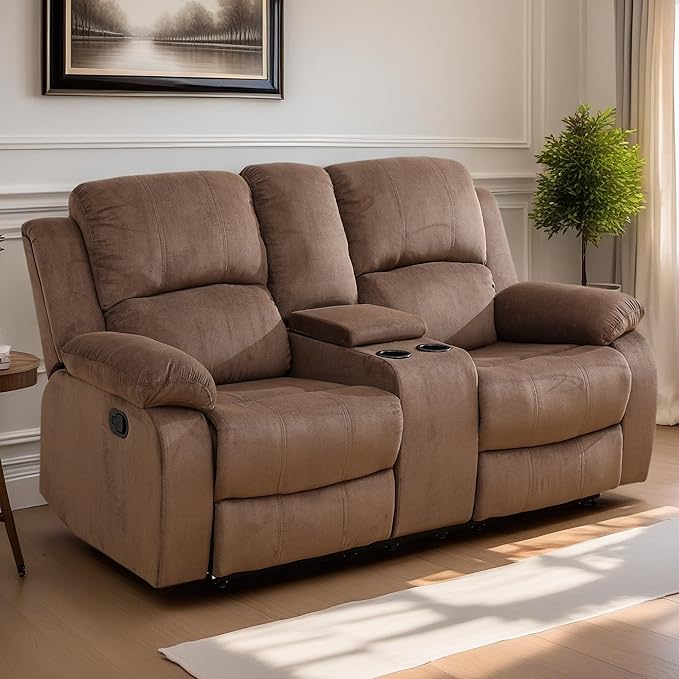 Loveseat Recliner Sofa, Reclining Loveseat Couch with Storage Console, Modern Comfy Home Theater Seating Power Recliner Chair with Cup Holders for Living Room Furniture Sets, Brown