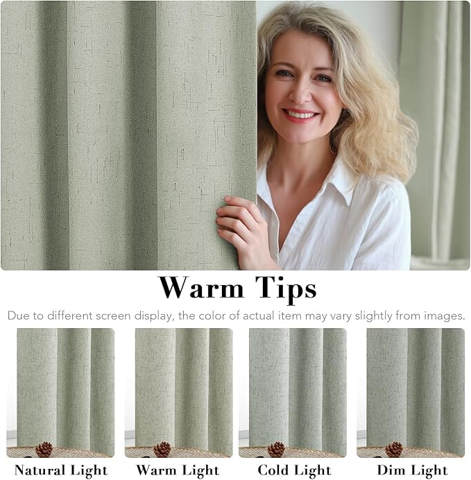 H.VERSAILTEX Linen Blackout Curtains 54 Inches Long 100% Absolutely Blackout Thermal Insulated Textured Linen Look Curtain Draperies Anti-Rust Grommet, Energy Saving with White Liner, 2 Panels, Sage
