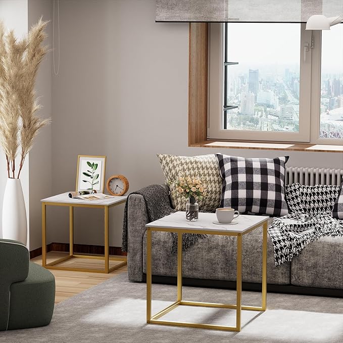 Garden 4 you Coffee Table Set of 2, Modern Engineered Wood Nesting Table, Metal Frame Square Center Table Set, Side Tables, Nesting Coffee Table for Living Room, Bedroom and Small Spaces, 19.7in Gold