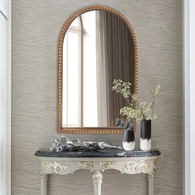 Traditional Wall Mirror Vintage Gold, 24" x 40" Tall Narrow Arch Antique Beaded Frame Decorative Accent Vanity Wall Decor, Arched Vertical Mirrors for Bathroom, Living Room, Entryway