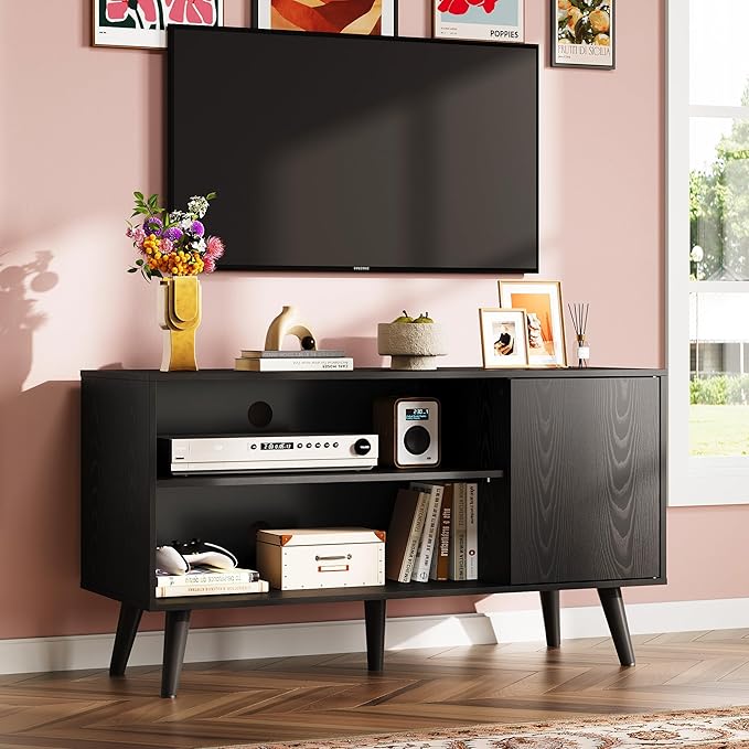 WLIVE TV Stand for 43 Inch TV, Small Entertainment Center with Storage Cabinet & Adjustable Shelves, Mid-Century Modern TV Stands for Living Room and Bedroom, 32" TV Console, Black