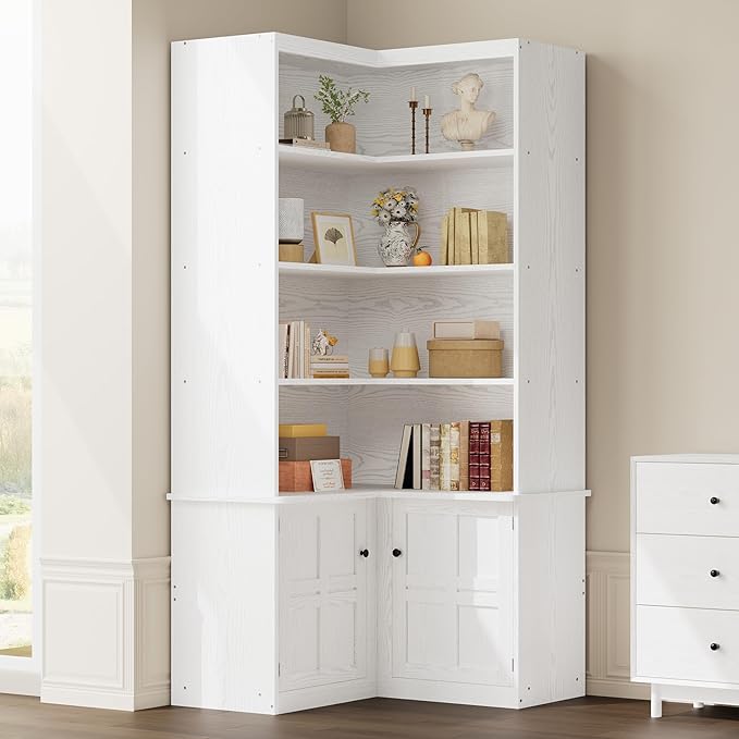 IRONCK Corner Bookshelf with Doors, 6 Tier Bookcase with Storage, Corner Shelf with Cabinet, Large Tall Bookshelf for Living Room, Home Office, Bedroom,White