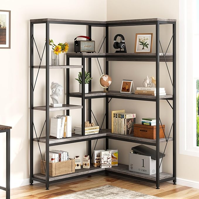 Shintenchi 5 Tiers Corner Bookshelf, 70.86" Tall L-Shaped Bookcase, Large Corner Etagere Bookcase, Corner Shelf Display Storage Rack with Metal Frame for Living Room Home Office, Grey