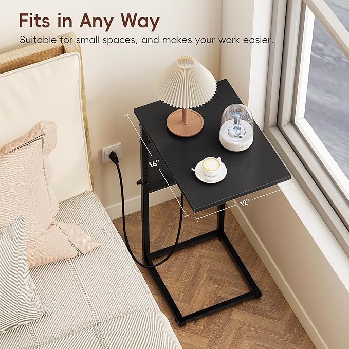 Vagusicc C Shaped End Table with Charging Station, Adjustable Height Side Table for Sofa, Couch Side Table for Small Spaces, Slide Under Sofa TV Tray Snack Arm Tables for Living Room, Bedroom, Black