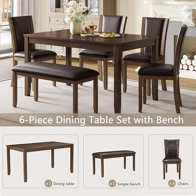 soges 6-Piece Large Dining Table Set with Leather Bench and Chairs, Wooden Dining Table Chairs Set for 6, Modern 6 Person Dining Room Set, Dark Walnut