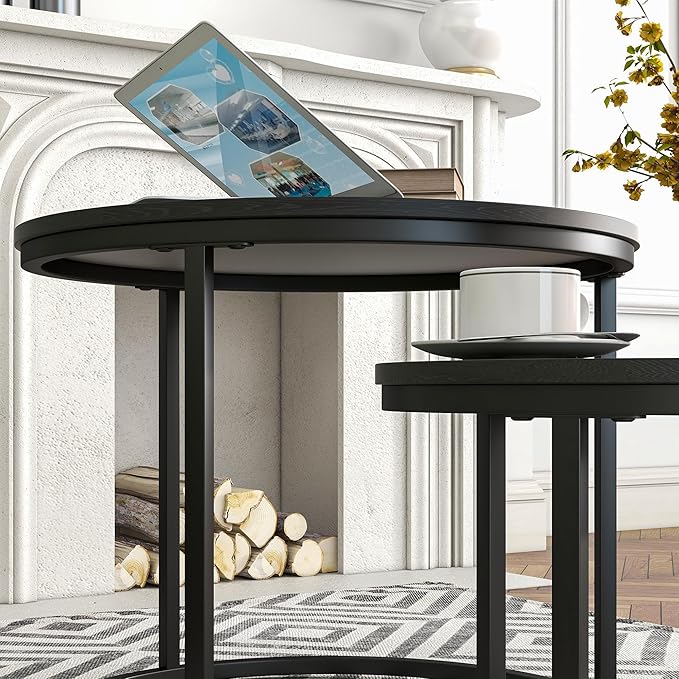 Small Coffee Table Set of 2, Round End Tables for Living Room, Modern Black Nesting Tables, Farmhouse Wood Side Table With Metal Frame, Easy Assembly, Stacking