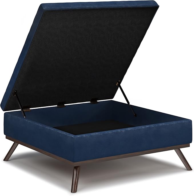 SIMPLIHOME Owen 36 inch Wide Mid Century Modern Square Coffee Table Storage Ottoman in Distressed Dark Blue Vegan Faux Leather, Assembled, for the Living Room, Entryway and Family Room