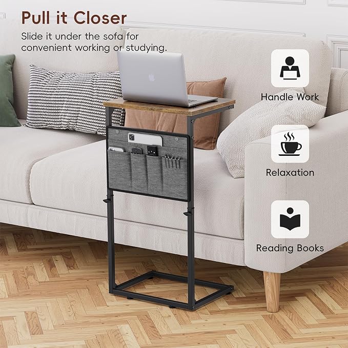 Vagusicc C Shaped End Table, Set of 2 Tall Side Table for Couch, Adjustable Height Small Couch Side Table for Small Spaces, End Table Slide Under Sofa Table TV Tray Arm Table for Living Room, Brown