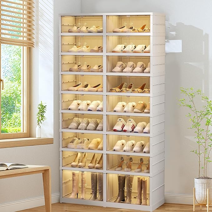 ELPHECO 9 Tier 36 Pairs Large Shoe Rack Organizer - Foldable Sneaker Cabinet Bins, Stackable Shoe Storage Shelf, Collapsible Shoe Cabinet with Double Doors for Entryway