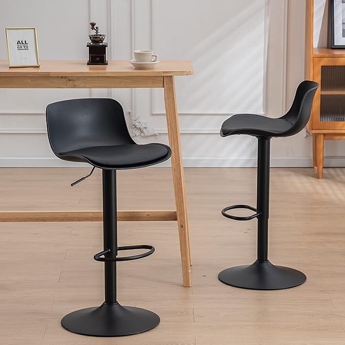 YOUTASTE Black Bar Stools Set of 2 Counter Height Bar Stool Upholstered Adjustable Swivel Metal High Back Bar Chairs PU Soft Cushion for Home and Kitchen