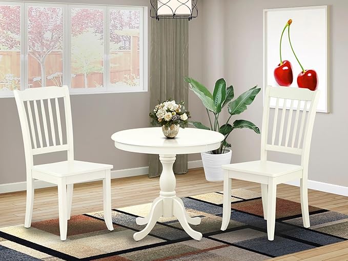 East West Furniture AMDA3-LWH-W 3 Piece Dinette Set for Small Spaces Contains a Round Kitchen Table with Pedestal and 2 Dining Chairs, 36x36 Inch, Linen White