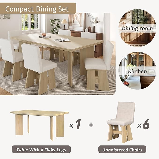 Ball & Cast Modern 7-Piece Dining Table Set with 6 Upholstered Chairs,Wood Tables Sets w/Space-Saving Design,Kitchen Furniture Suitable Big Family Gatherings,Natural