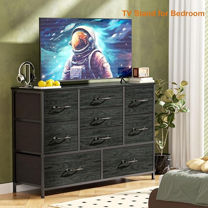 Furnulem Dresser for Bedroom with 9 Large Drawers for 55'' Long Chest TV Stand Entertainment Center, Wood Shelf Storage for Living Room, Dorm, Closet, Entryway, Sturdy Metal Frame(Black Oak)
