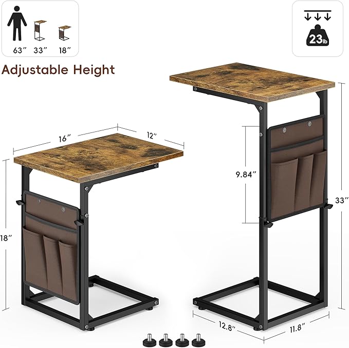Vagusicc C Shaped End Table, 33"Tall Side Table for Couch, Adjustable Height Sofa Table Small Couch Side Tables, Slide Under Recliner TV Tray Arm Tables with Metal Frame for Living Room,Bedroom,Brown