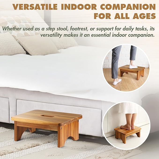 Wooden Step Stool, 6.5'' One Step Stool for Adults, Wooden Beside Step Support with 550 Lbs Load Capacity,Heavy Duty/Portable/Nonslip/Durable Construction Safe Step Platform for Bedroom/Kitchen