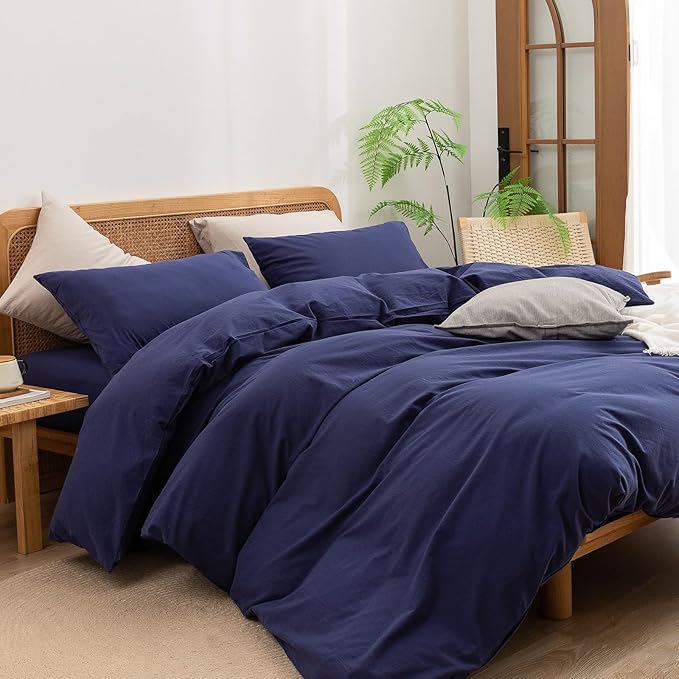 BESTOUCH Duvet Cover Set 100% Washed Cotton Linen Feel Super Soft Comfortable Chic Lightweight 3 PCs Home Bedding Set Solid Navy Blue Full/Double