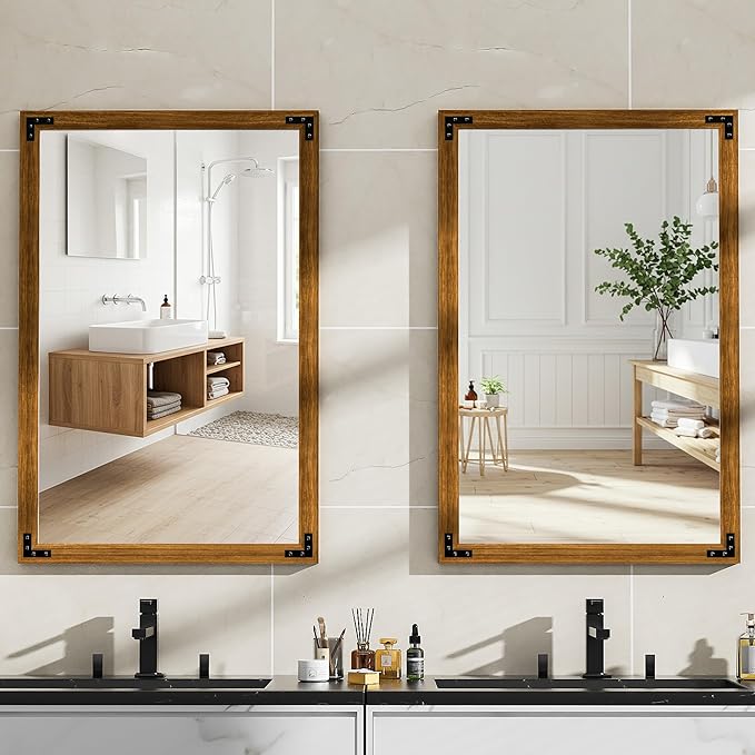 Hasipu Farmhouse Bathroom Mirror, 24"x36" Rustic Wood Framed Wall Mounted Mirror, Walnut Vintage Vanity Mirror Modern Farmhouse Style Decrative Mirrors