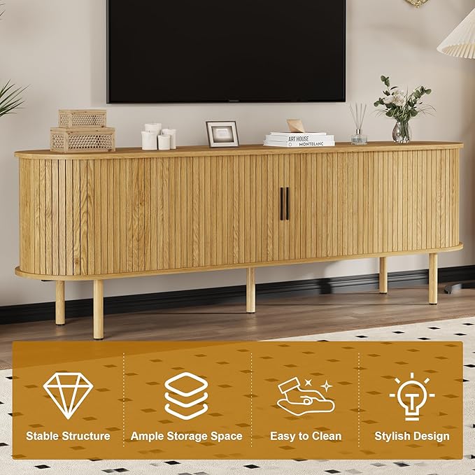70.1" TV Stand, Modern TV Console Table with Storage Compartment and Sliding Door, Gaming Entertainment Center with Cabinet for Living Room, Bedroom, Office, Oak