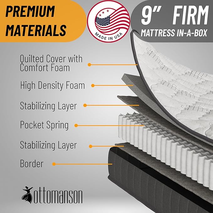 Ottomanson Queen 9" Hybrid Mattress - Rock Hard Feel - Made in USA - Individually Pocketed Coils & CertiPUR-US Foam - Fiberglass-Free - Bed in a Box