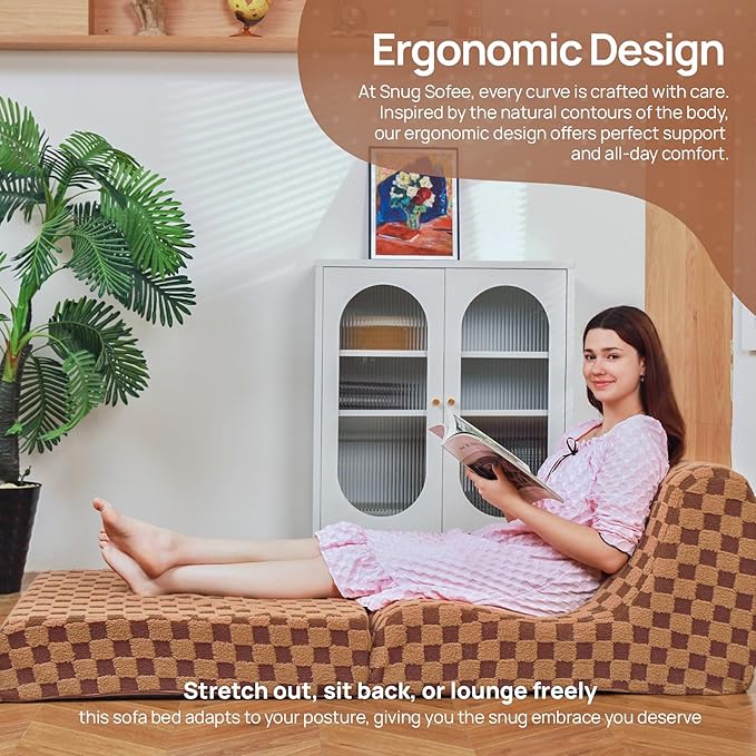 Bean Bag Chair for Adults, Folding Sofa Bed, Convertible Sleeper Lounge Chair, Full Foam Filling Comfy Floor Sofa, Folding Chair Bed for Living Room、Bedroom and Office (Brown)