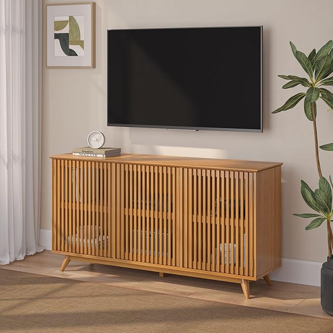 Plank+Beam Mid-Century Modern Wood TV Stand, Three Door Solid Wood Entertainment Console with Storage, 59" L x 16" W x 30" H, Pecan