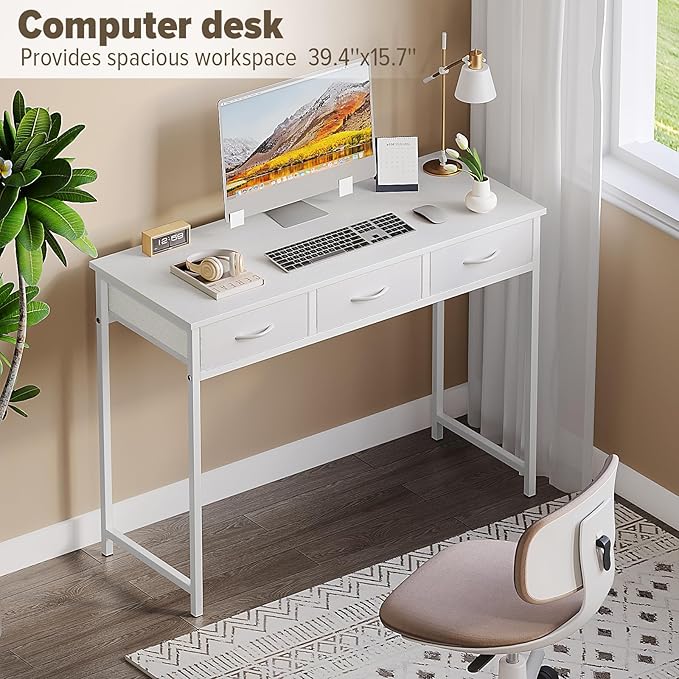 WOHOMO Small Computer Desk with Drawers, 39.3 Inch Vanity Desk with Storage, Home Office Computer Desk for Small Spaces, Modern Work Writing Study Table, White