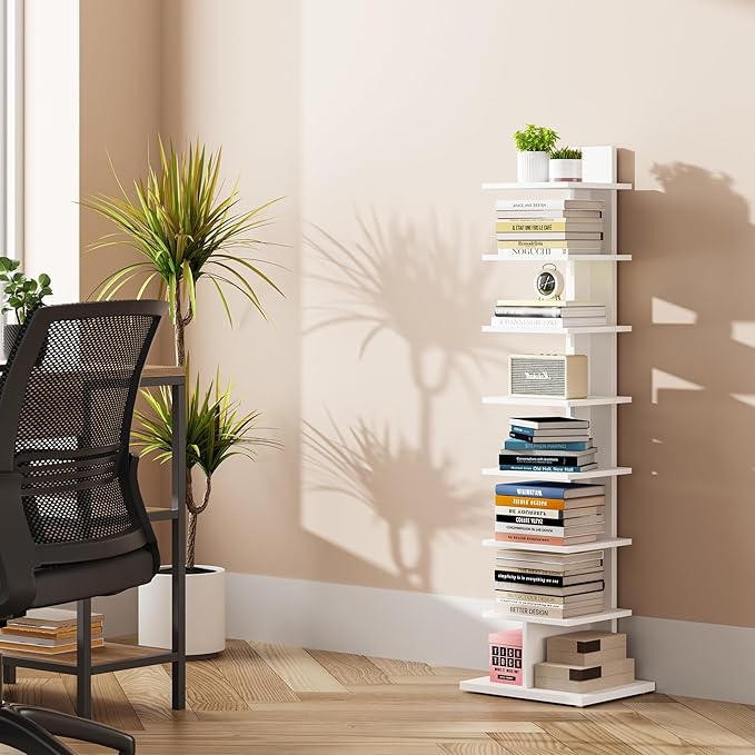 TUTOTAK Narrow Bookshelf, 8-Tier Bookcase, Spine Book Shelf for Small Space, Corner Standing Shelf for Living Room, Office, Study, Entryway, White BS06BW008